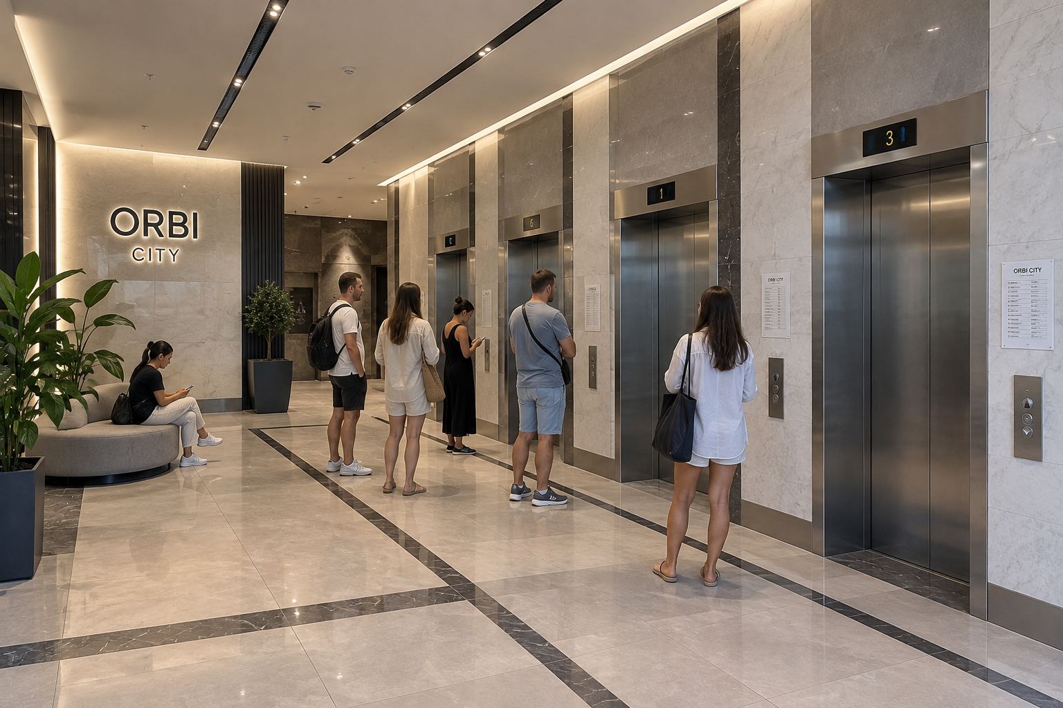 Холл с лифтами в жилой высотке Orbi City
